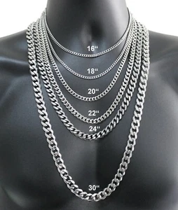 16-36" Stainless Steel Silver Chain Cuban Curb Womens Mens Necklace 3/5/7/9/11mm - Picture 1 of 31