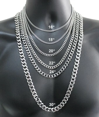 16-36" Stainless Steel Silver Chain Cuban Curb Womens Mens Necklace 3/5/7/9/11mm - Image 1 of 4