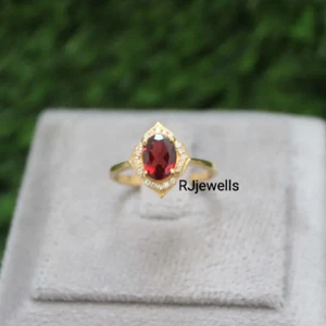 Garnet Oval Ring Yellow Gold Plated Lab Grown Red Garnet 925 Silver Ring For Mom - Picture 1 of 3