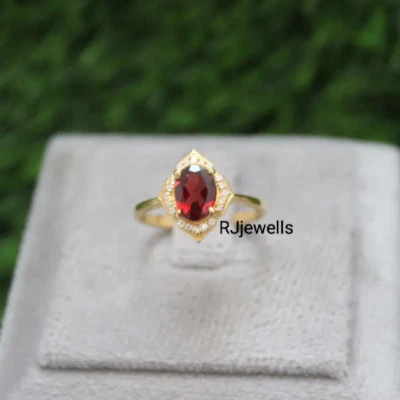 Garnet Oval Ring Yellow Gold Plated Lab Grown Red Garnet 925 Silver Ring For Mom - Image 1 of 3