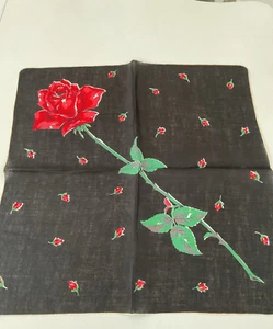 VINTAGE HANKIE - BEAUTIFUL BLACK WITH RED ROSE 15" - Picture 1 of 7