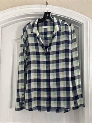 Camisa Equipment 100% Seda Verde Blanco Azul Cuello A Cuadros Abotonada Talla L Foto 1 de 3