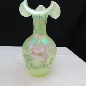 Fenton Topaz Opal Iridized Rib Optic Hand Painted Vase Special Order GLOWS! 1645 - Picture 1 of 6