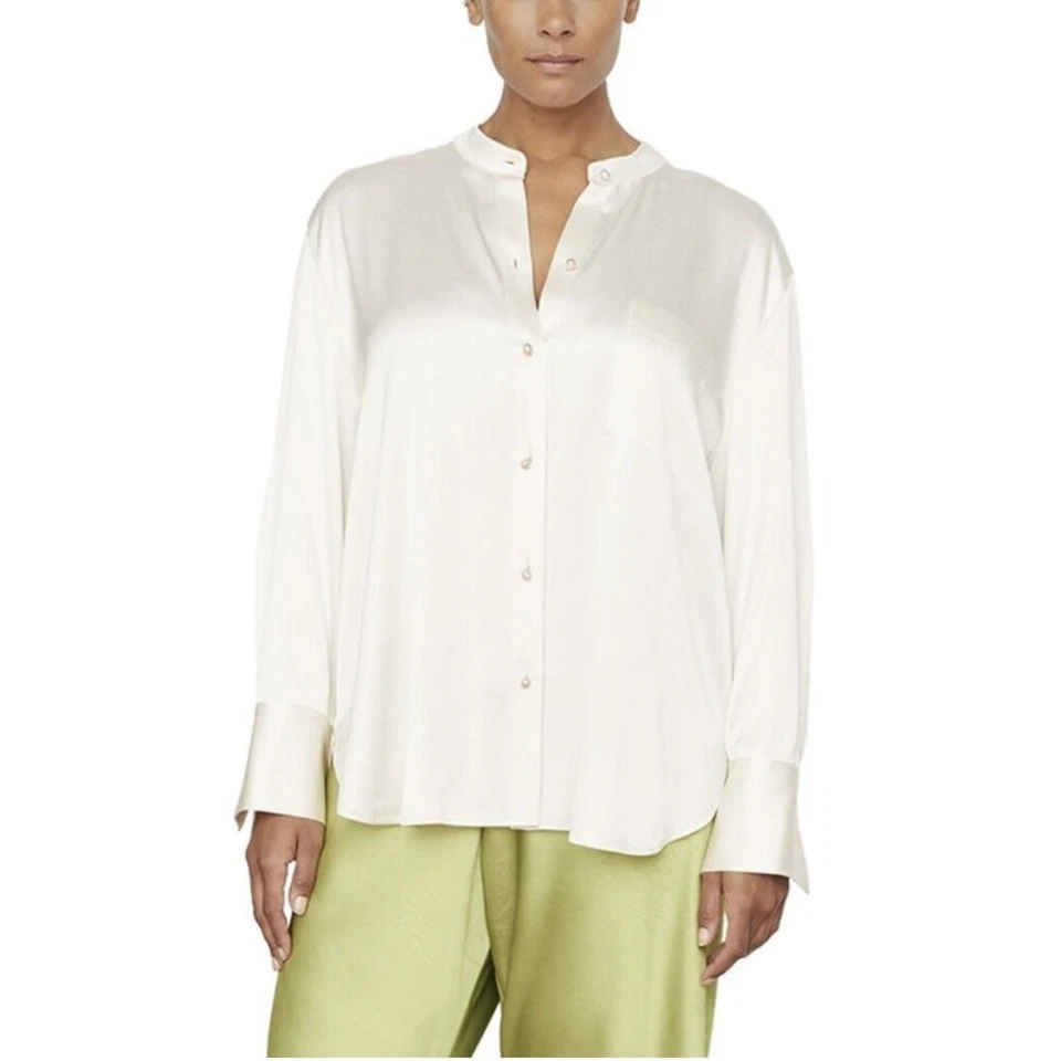 Vince 2X Womens Blouse Top Pampas Satin Relaxed Fit Band Collar Long Sleeve