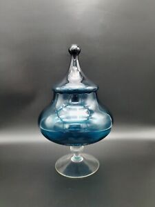 Empoli MCM Apothecary Jar Circus Tent Lid Cerulean Blue Green W Clear Base 30cm