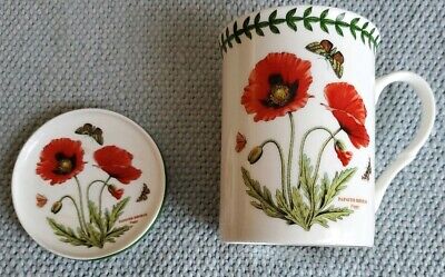 BOTANIC GARDEN Portmeirion Red Poppy 2-PC MUG & COASTER SET Floral Porcelain • 12.99$