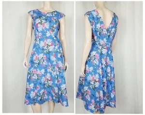 Vtg 1940s cotton back wrap apron chore dress blue floral M - Picture 1 of 13