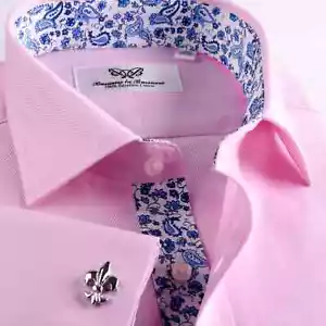 Pink Herringbone Classic Business Dress Shirt With Paisley, French Double Cuffs - Picture 1 of 10