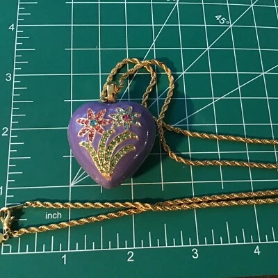 Joan Rivers Purple Enamel Pendant Necklace Puffed Puffy Heart Swarovski Crystals - Image 1 of 4