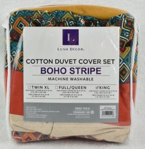 Lush Decor Boho Stripe Cotton Duvet 3pc Cover Set / King / Turquoise/Tangerine - Picture 1 of 7