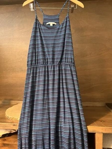 LC Lauren Conrad Sz L Navy/Turqouise Striped Elastic Waist Maxi Dress ADJUSTABLE - Picture 1 of 5