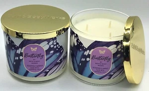 2 BUTTERFLY Candles Large 14.5oz 3-Wick Raspberry Vanilla Iris BATH & BODY WORKS - Picture 1 of 2