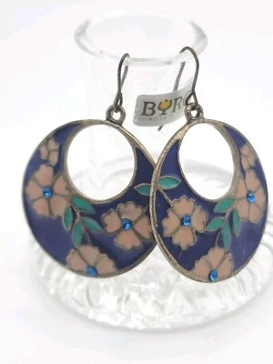 Pendientes de círculo abierto colgantes flores cristales azules esmaltados vintage  Foto 1 de 4