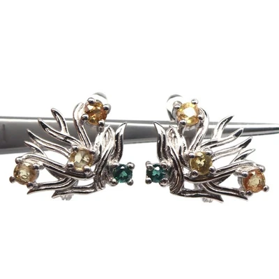 925纯银3毫米 黄色蓝宝石和绿色神秘黄玉手工耳环 — 第 1/4 张图片