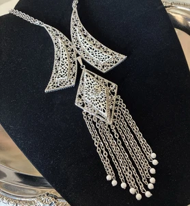 60's Vtg Emmons Silver White Bib Chain Fringe Modern Etruscan Statement Necklace - Picture 1 of 17