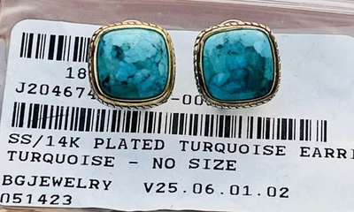 NF 925 Sterling 14k Plate Turquoise Square Cushion Pierced Earrings Two Tone VTG - Image 1 of 4