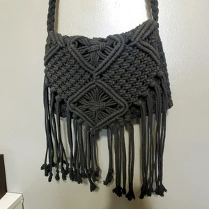 Mossimo Macrame Crocheted Bag Black Crossbody Purse Braided Strap Boho 11" X 7" - Picture 1 of 9
