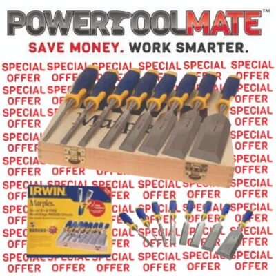 Irwin Marples 8 Piece Striking Cap Wood Chisel Set 1/4"-2" + Wooden Case - Image 1 of 2