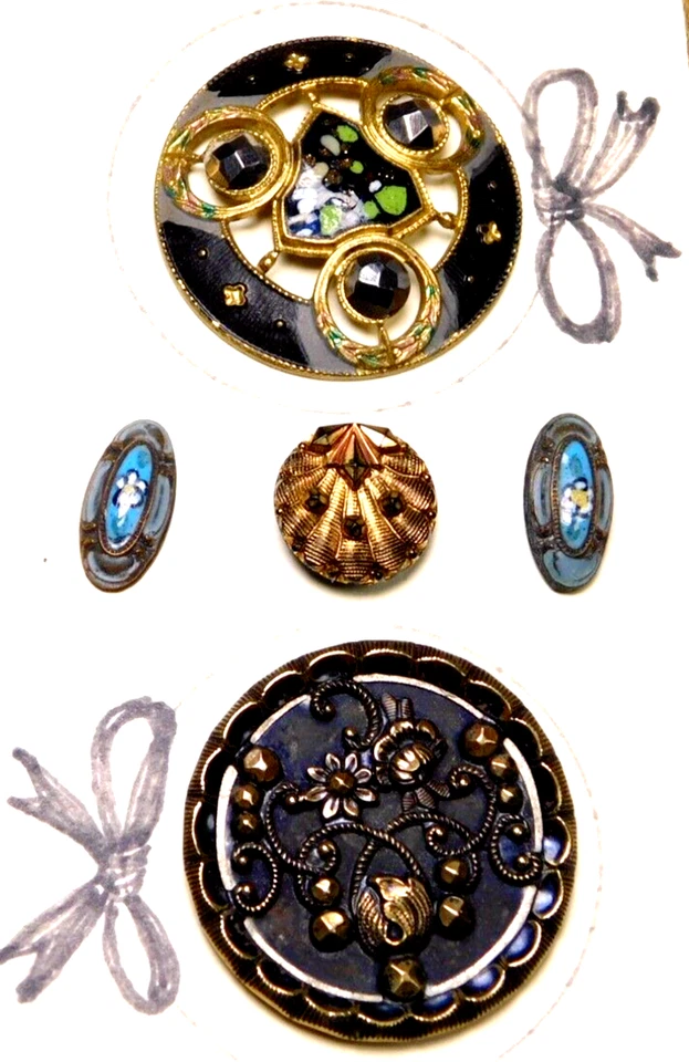 Framed Antique BUTTONS Enamel Cut Steel Victorian Charmstrings  NICE - Image 1 of 4