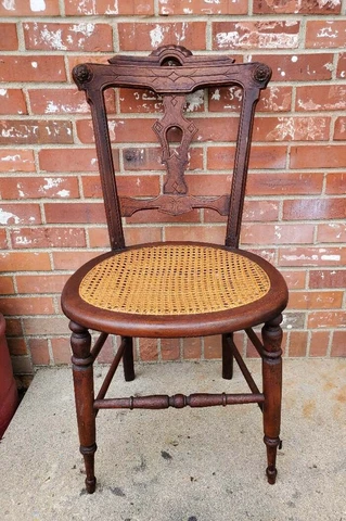 Antique Eastlake Dining Chair Solid Walnut Cane Seat Carved Back Cover