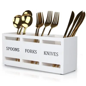 Wooden Silverware Cutlery Holder White Flatware Caddy Kitchen Utensils Holder... - Picture 1 of 7