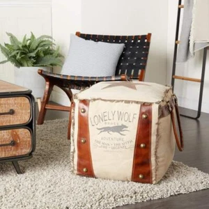 Litton Lane Rustic Pouf Ottoman 16"x16" Durable Canvas White W/ Leather Handles - Picture 1 of 8