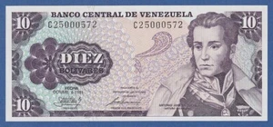 VENEZUELA -- 10 BOLIVARES ( 6.10.1981 ) -- UNC -- PREFIX C -- PICK 60a . - Picture 1 of 2