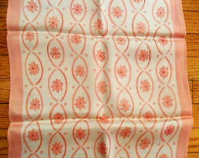 Vintage Silk-Like Long SCARF, Pink Flowers, Rounded Shapes, Dots on Creamy White - Image 1 of 4