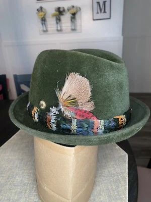 Terciopelo Genuino Por Bollman El Cazador Hecho en Estados Unidos Fedora 7 1/4 Diseño Pavo Real Foto 1 de 4