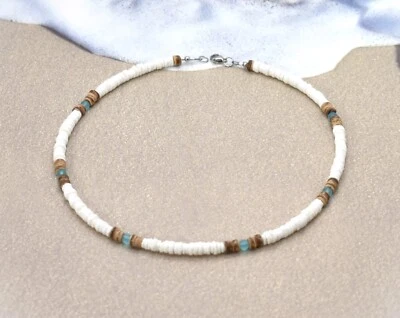 Collar de cuentas de cristal azul concha blanca para hombres mujeres gargantilla surfista de moda Foto 1 de 4