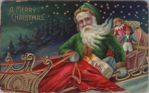 Weihnachtsmann grünes Gewand Frohe Weihnachten 1910er Schlitten Spielzeug Sterne Postkarte, kleine Tränen - Bild 1 von 2