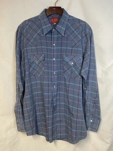 VTG Plains Western Wear Long Sleeve Blue Check Shirt Pearl Snap Men's Size Large - Picture 1 of 12