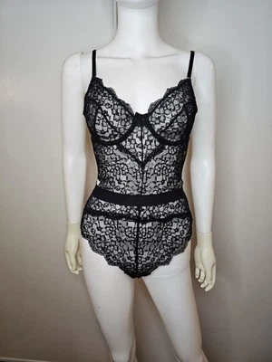 Body floral de encaje todo negro para mujer talla S sexy correas ajustables transparente  Foto 1 de 4