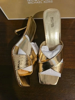 Sandalias Michael Kors Clara Mule Puntera Cuadrada Dorado Piel de Serpiente Cuero Nuevas en Caja 10 Foto 1 de 4