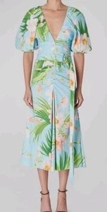 Carolina Herrera Blue Floral-Print Ruched Poplin Sleeve MIDI Dress Size 8 (V3 - Picture 1 of 9
