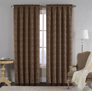 Single (1) Jacquard Window Curtain Panel: Chocolate Brown,Metallic Floral Design - Picture 1 of 1
