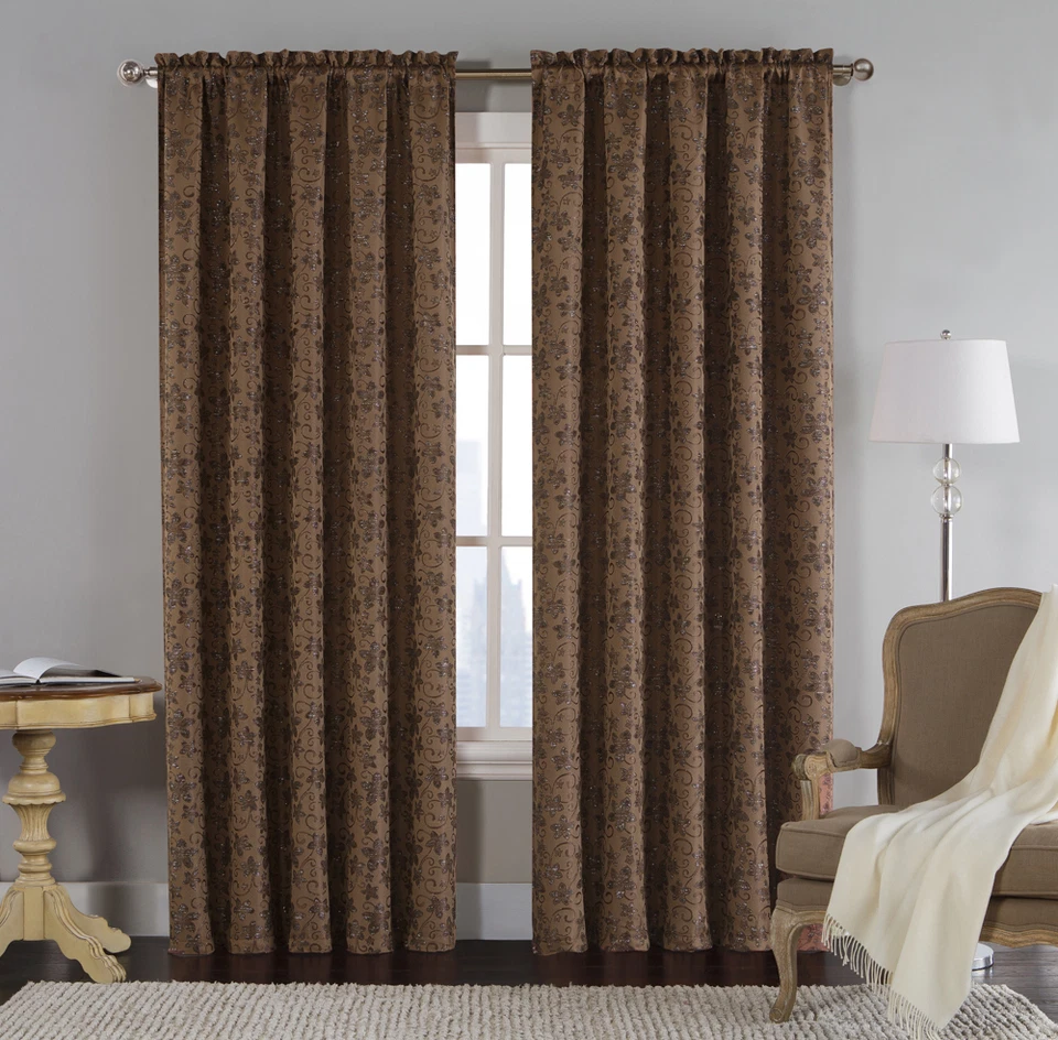 Одинарная (1) жаккардовая оконная занавеска панель: шоколадно-коричневый, металлический цветочный дизайн - Изображение 1 из 1