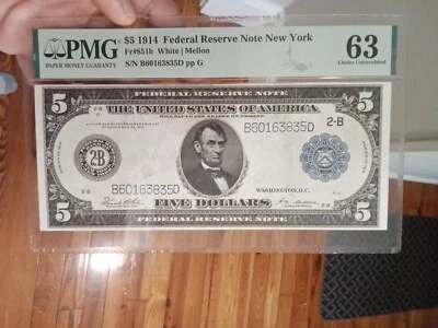  US 851b 1914 $5 Blue White Mellon Federal Reserve Note New York PMG 63 Gorgeous - Image 1 of 2