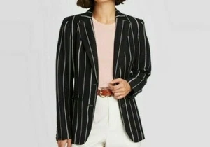 A New Day Striped Long Sleeve Linen Blazer Ebony / White – Size 6 - Picture 1 of 5