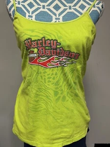 Vintage HARLEY DAVIDSON WOMEN'S LIME GREEN  DESIGNER TANK TOP SIZE M - Picture 1 of 7
