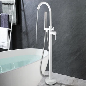 White Vanity Freestanding 45" Bath Tub Filler Floor Mounted Shower Faucets Set - Picture 1 of 12