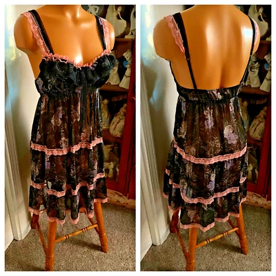 CAMISÓN DE COLECCIÓN VICTORIAS SECRET ANGELS NEGRO MALLA FLORAL LOGOTIPO ENCAJE CHEMISE TALLA XS Foto 1 de 4