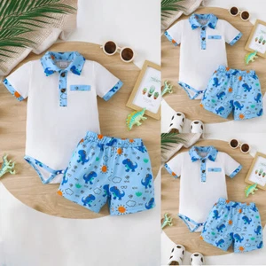 2PCS Newborn Baby Boys Short Sleeve Romper Tops Shorts Outfit Summer Clothes Set - Picture 1 of 12