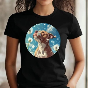 T-Shirt Frauen Pitbull mit Löwenzahn Motiv Baumwolle Größe XS bis 3XL - Picture 1 of 1