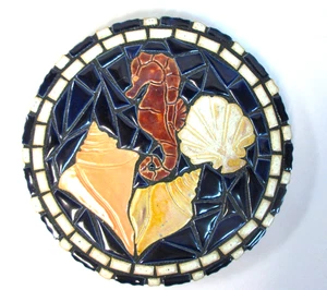 Sea Horse with Shells  Mosaic Art, Handmade Ceramic Wall Decor, Trivet, 7" dia. - Picture 1 of 4