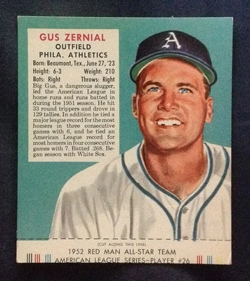 Tarjeta de béisbol 1952 Red Man AL #26 Gus Zernial Phila. Atletismo con lengüeta arrugada Foto 1 de 2