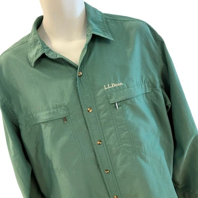 Nylon Shirt LL BEAN Button Up Mens L Vented Roll Tab Sleeve Outdoor Hike Fishing - Image 1 of 4
