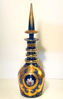Antigua jarra de vidrio bohemia de 19" de oro azul pintada a mano de 1920 mercado persa Foto 1 de 4