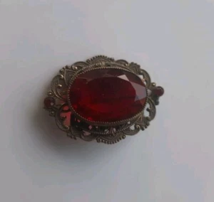 Vintage Red Glass Oval Brooch Filigree - Picture 1 of 6