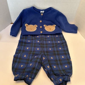 Vintage Cotton Overall 3-6 Month Blue Green Plaid Bears With Button Up Sweater - Picture 1 of 10